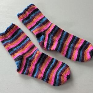 Hand Knit Striped Socks in Pink, Blue, Brown & Black